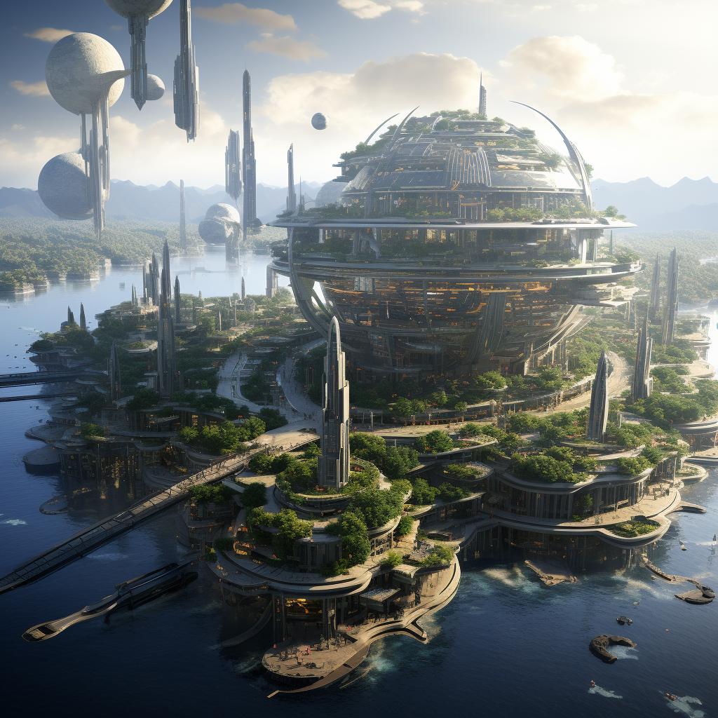 Futuristic combat city on floating island