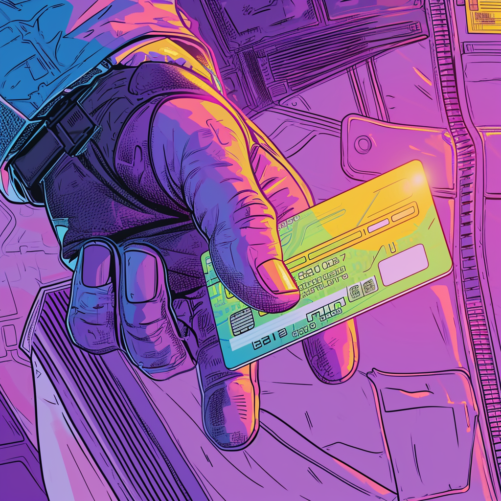 Hand holding futuristic credit card with note - purple vivid