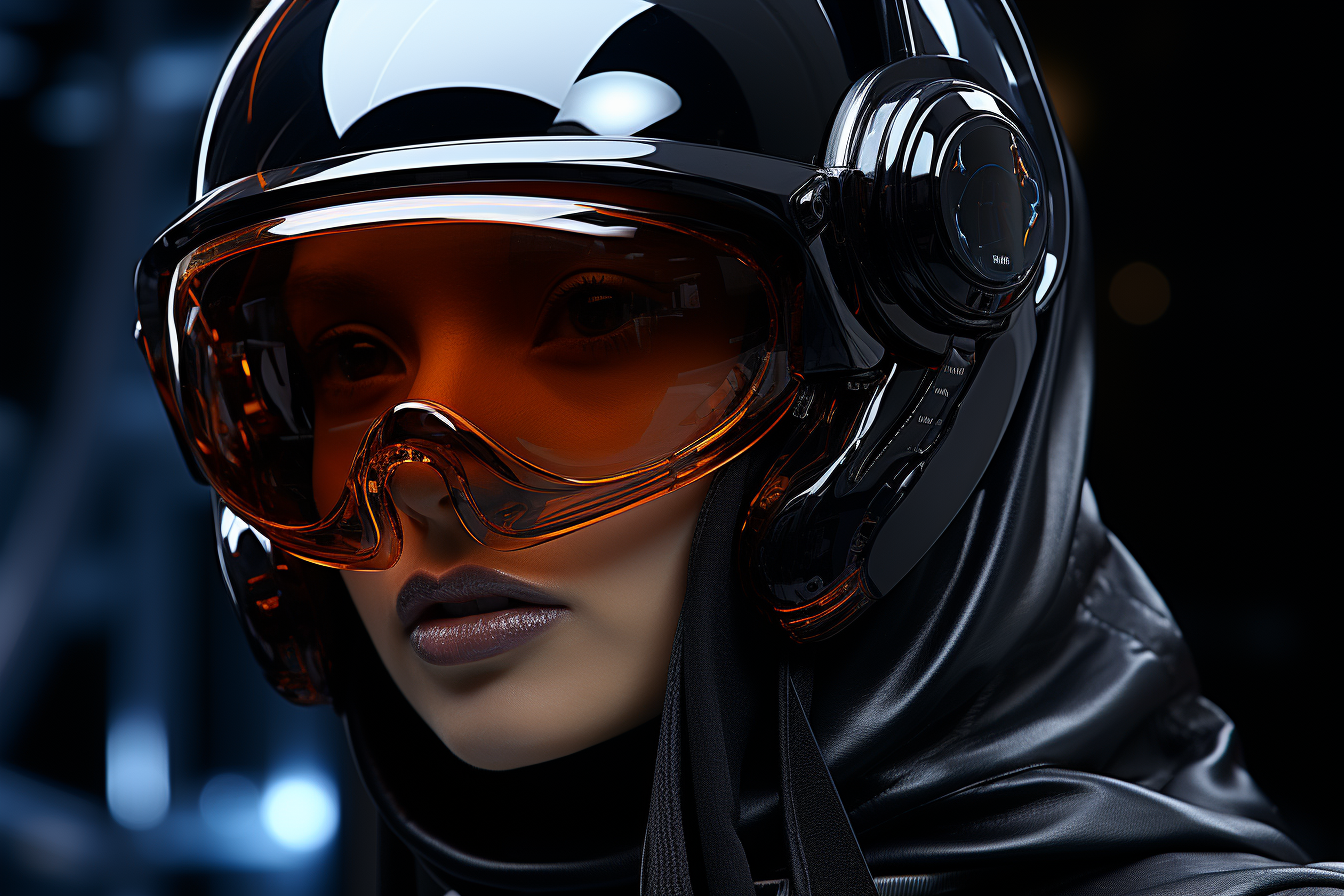 Futuristic woman with Darth Vader helmet and neon goggles