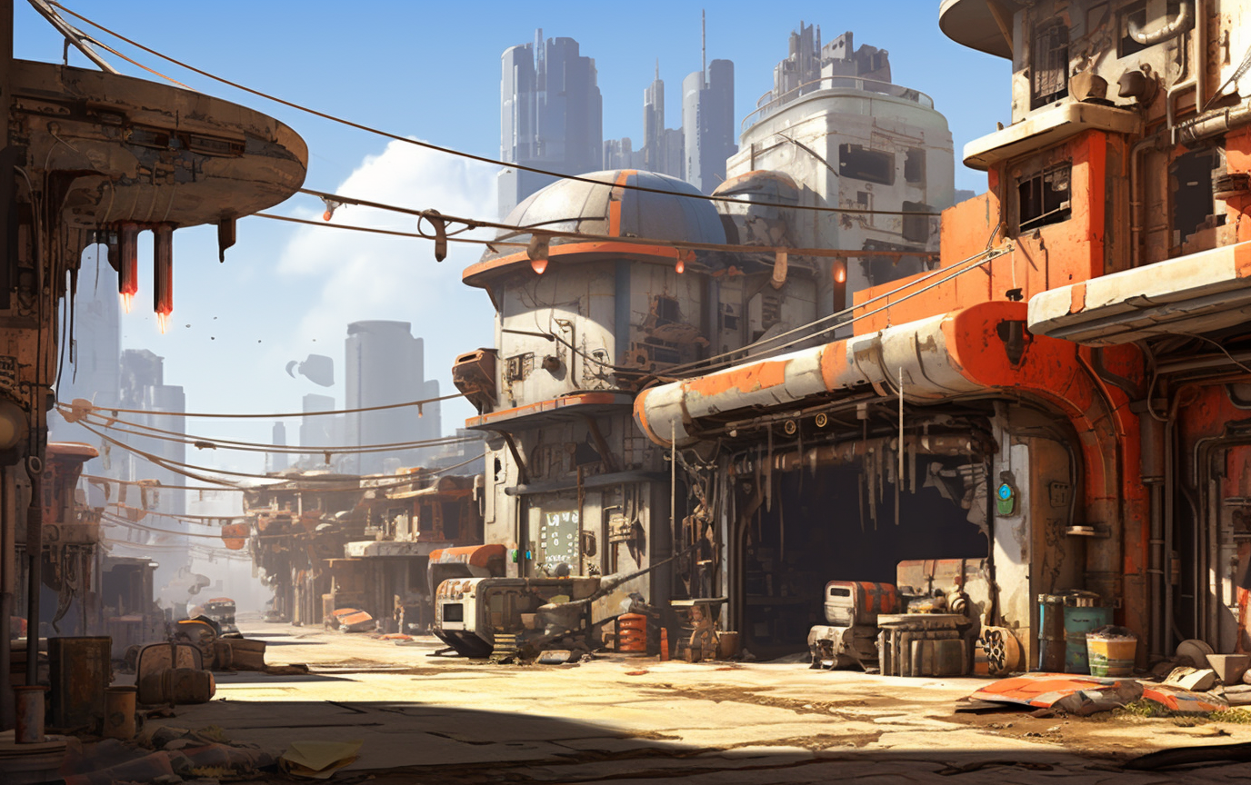 Futuristic deserted city with boxey metal buildings