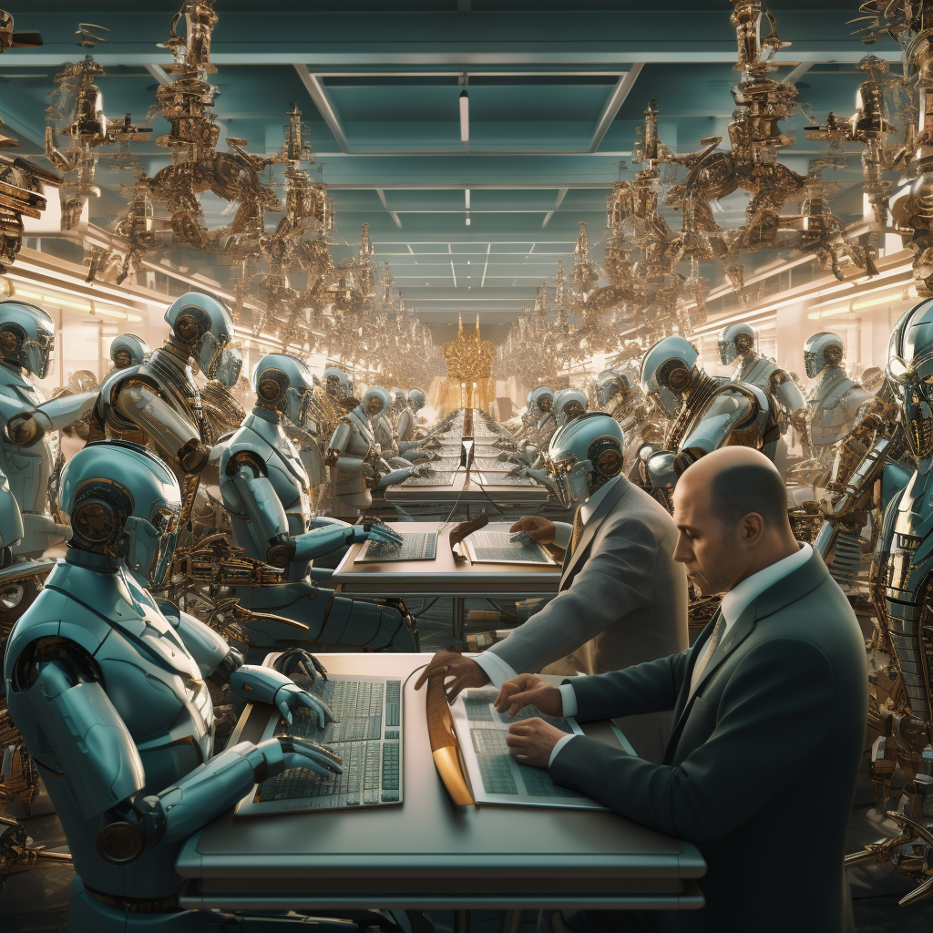 Robots assembling humans in futuristic factory