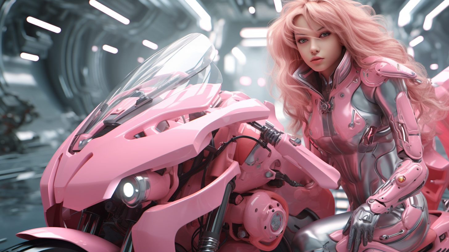 Female character riding a futuristic motorbike