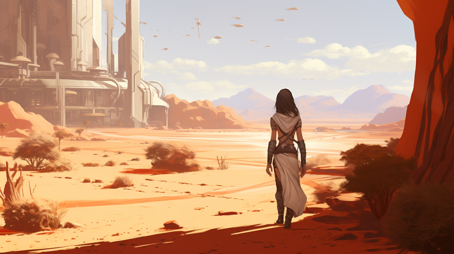 Futuristic female medic walking through desert oasis