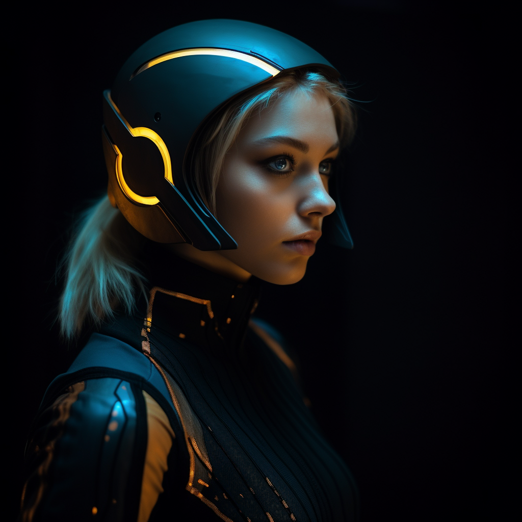 Futuristic Woman Portrayed in Black, Gold, and Blue