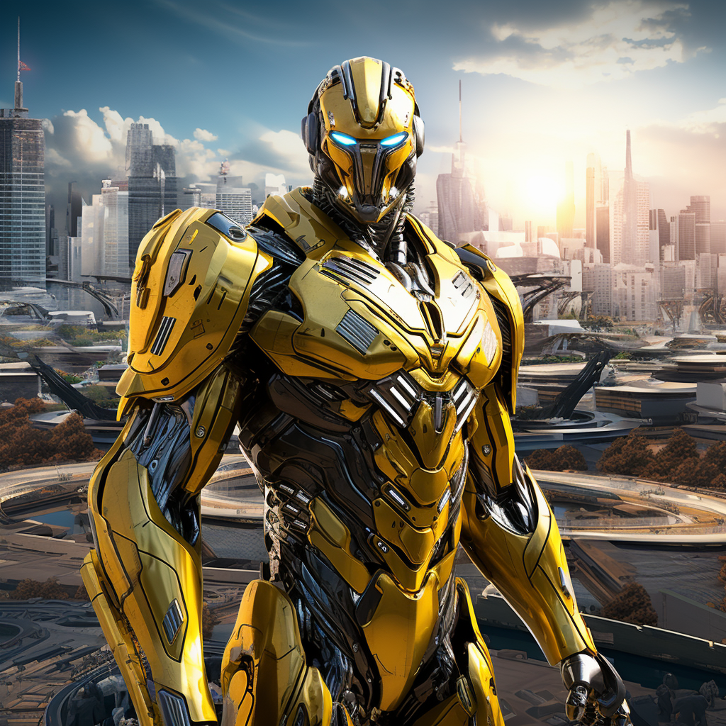 Yellow Robot in Futuristic Battle Scene