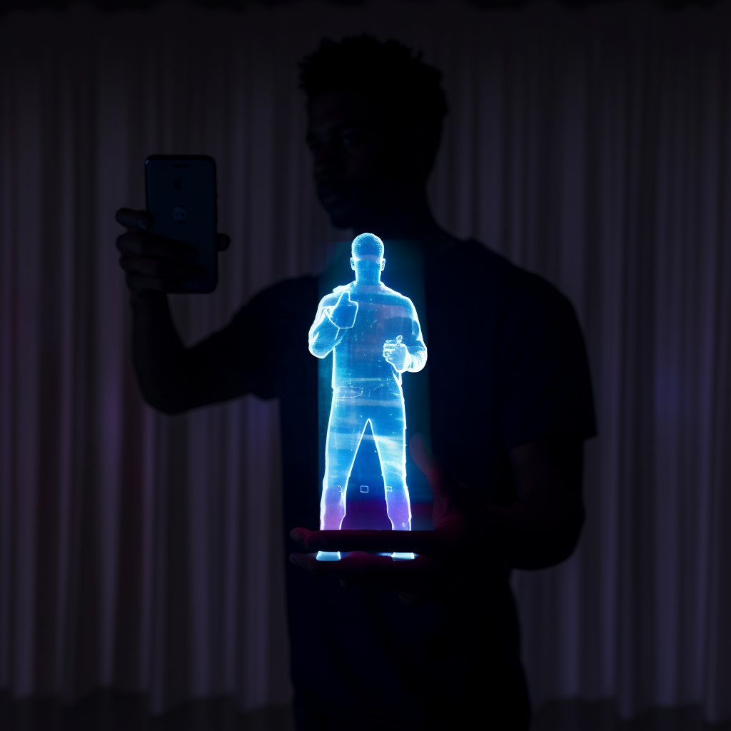 Translucent hologram of a man on a smartphone