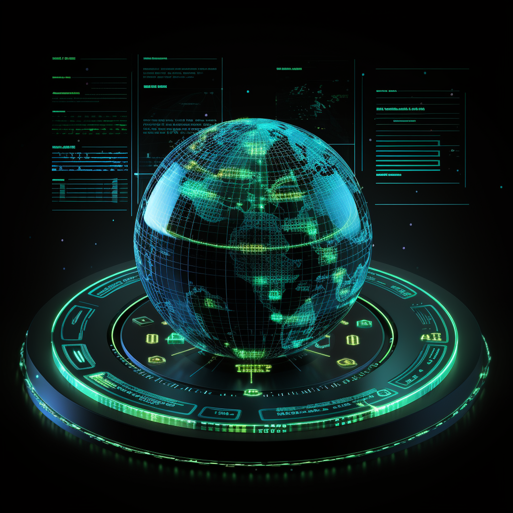 Futuristic holographic interface with green digital graphics