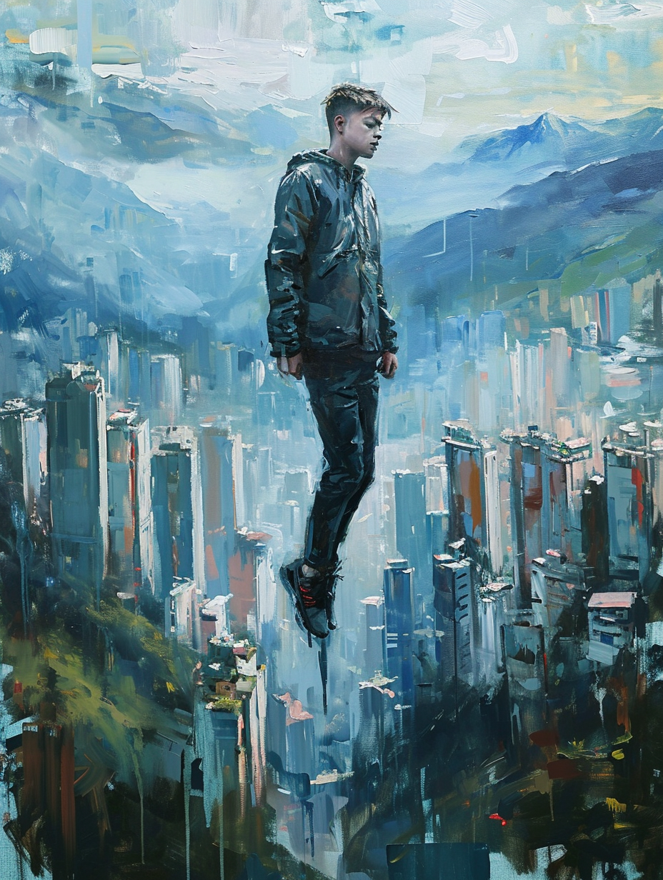 Young man soaring above futuristic city