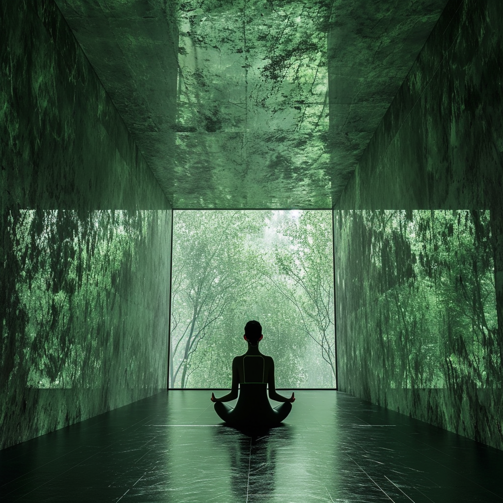 Woman meditating in a green lit room