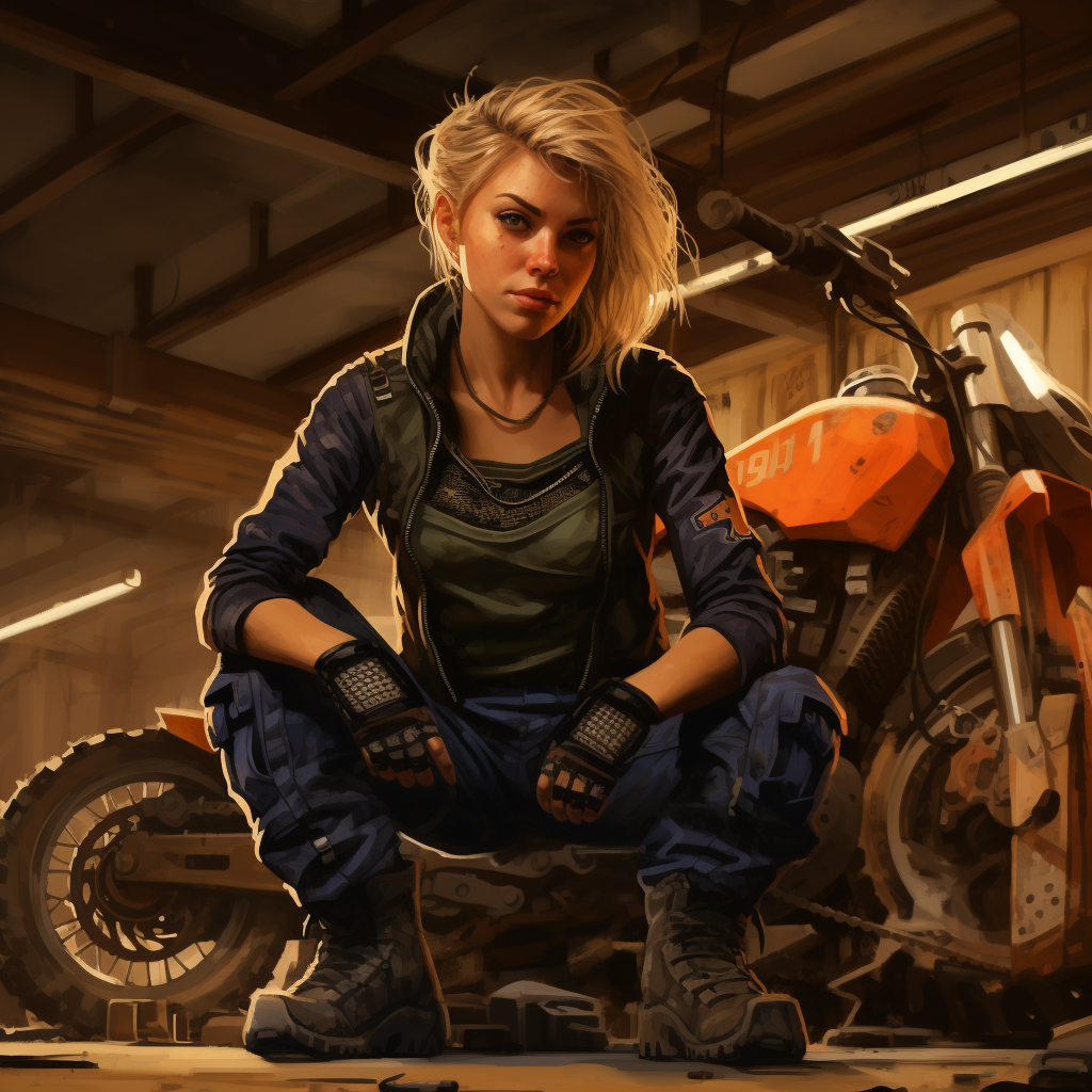 Illustration of a skilled mechanic fixing a futuristic motorbike