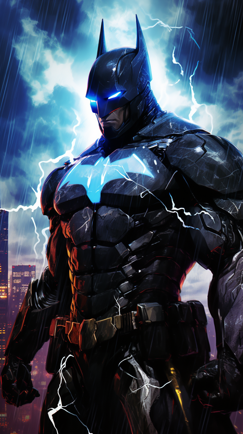 Armored Batman in Futuristic Gotham Cityscape