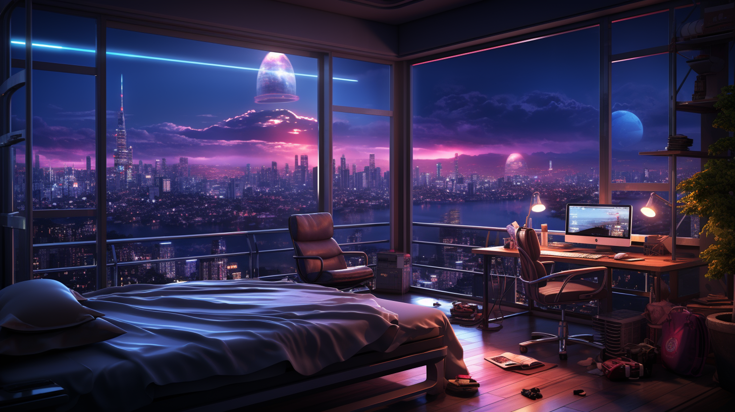 Rainy night view of futuristic neon-filled apartment