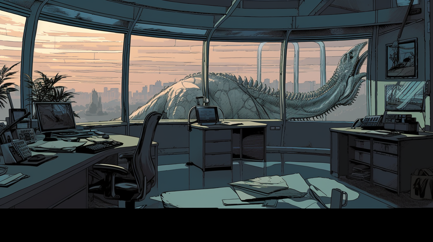 Futuristic office space with Jurassic Park in the background