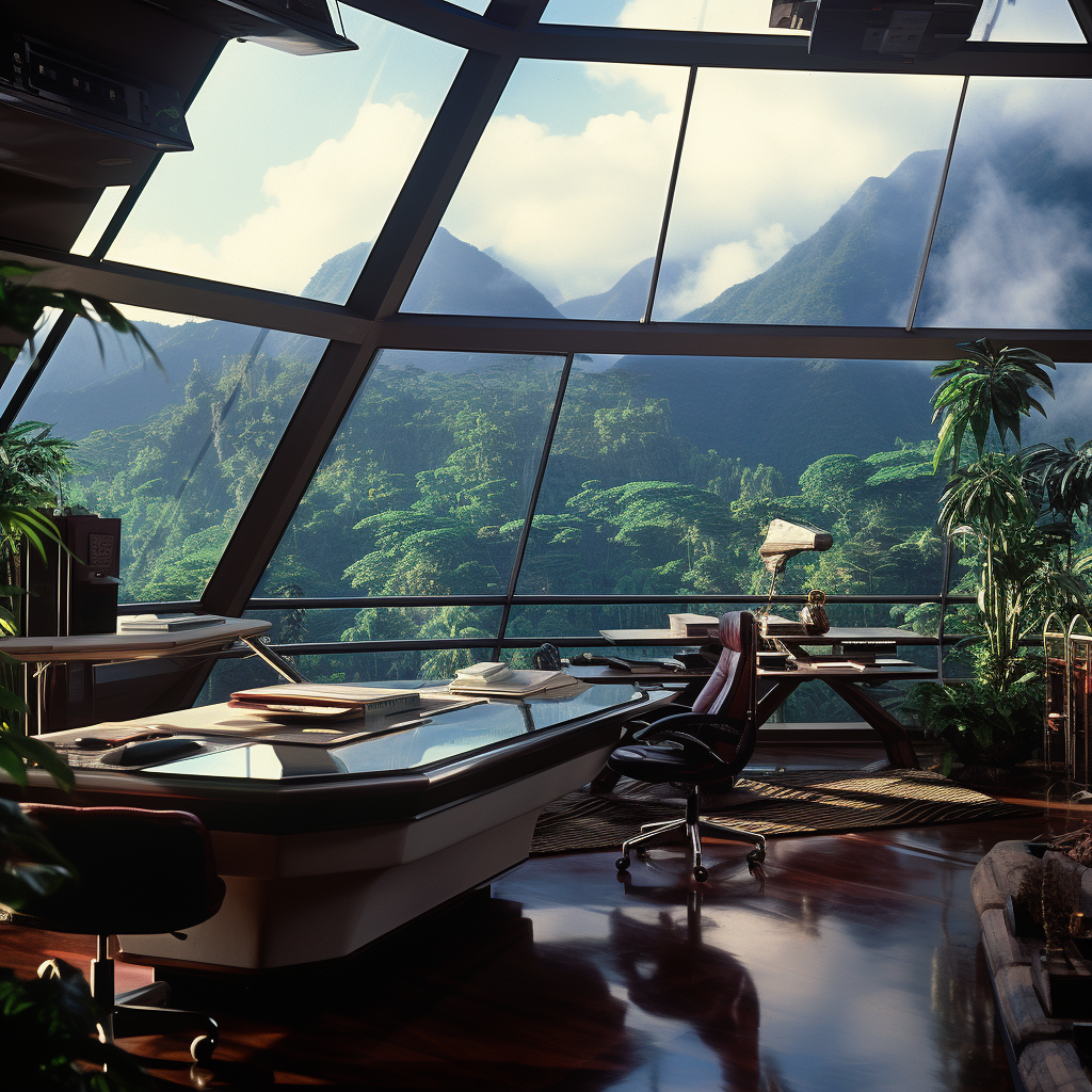 Futuristic office with Jurassic Park in background