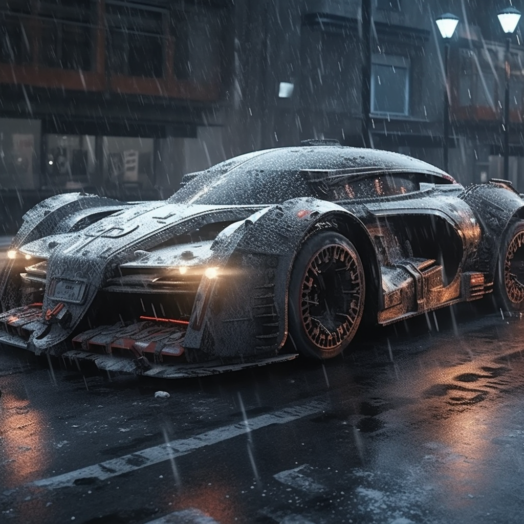 Metallic gray futuristic race car in snowstorm