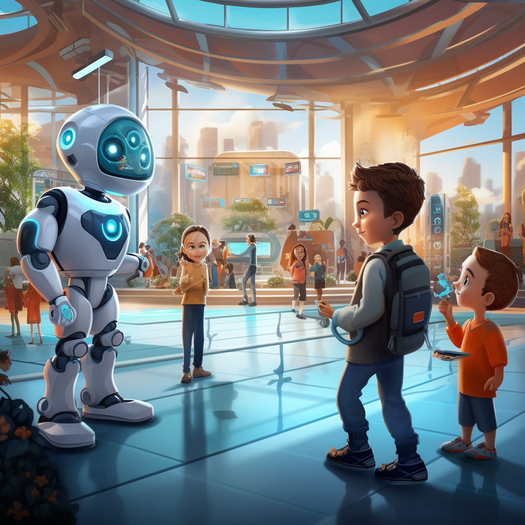 Futuristic robot and human characters interacting