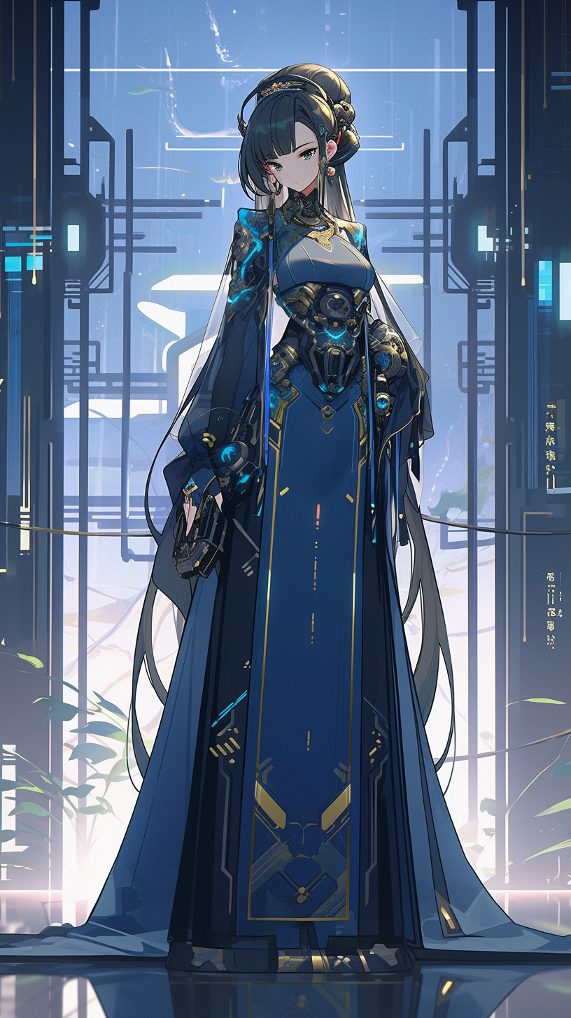 Futuristic robot girl in Chinese Hanfu clothes