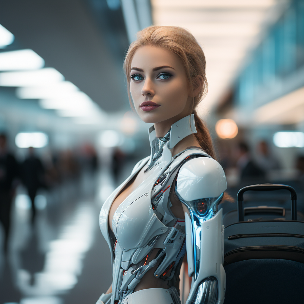 Beautiful female robot worker in airport with bags