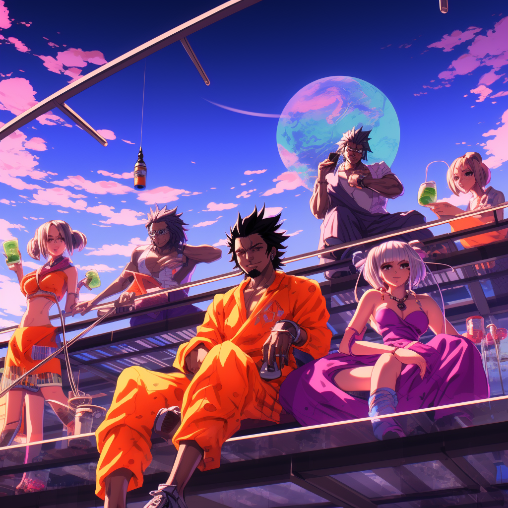 Dragonball Z inspired futuristic rooftop pool hangout