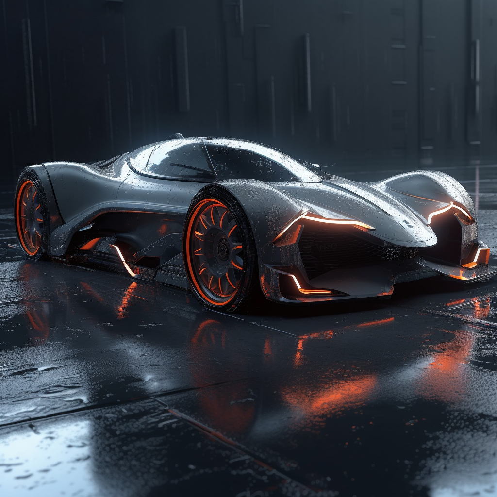 Futuristic super race car on wet race track