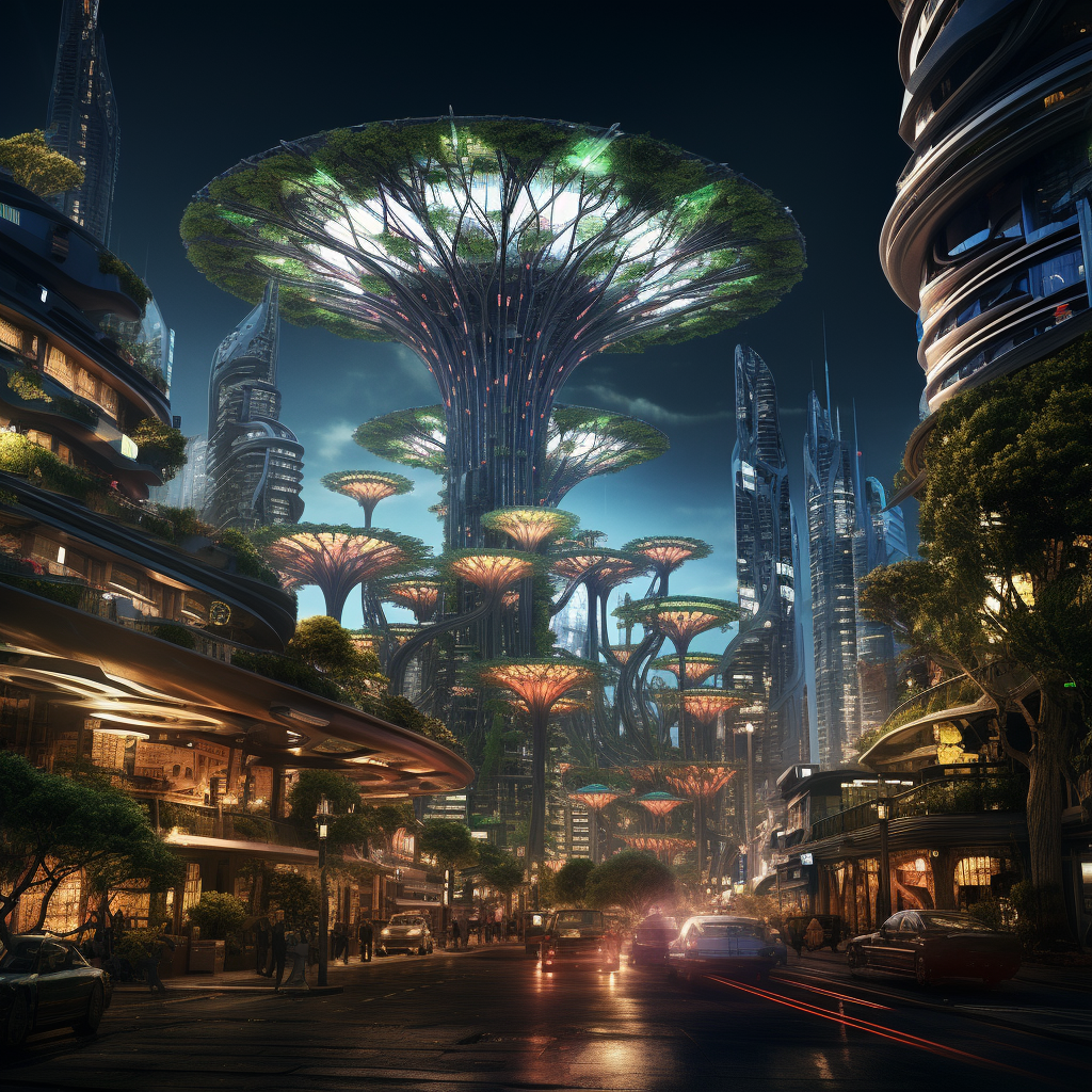 Techno-megacity with ancient tree roots and chaga mushrooms