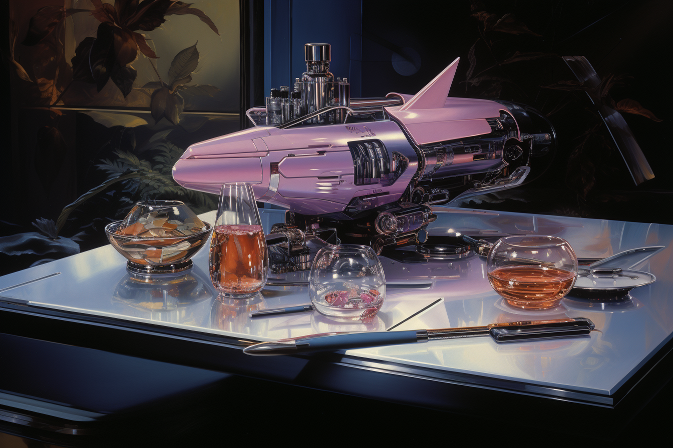 Futuristic weapon and ashtray on table