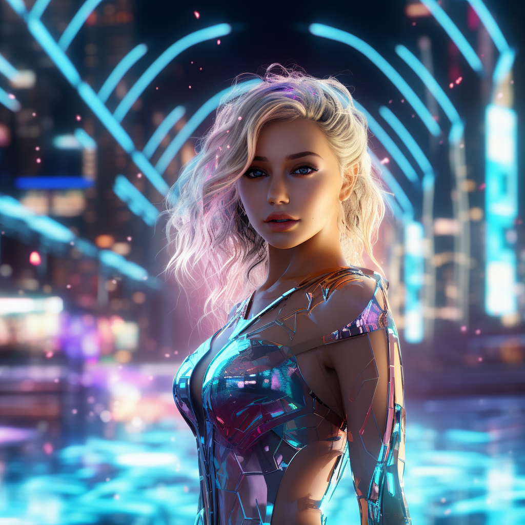 Futuristic woman in dynamic neon-lit environment