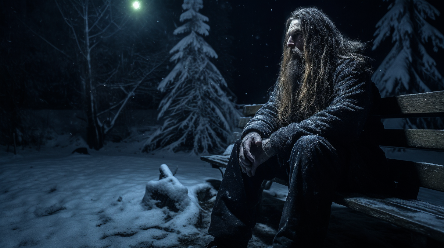 Gaahl sitting on bench in a forest