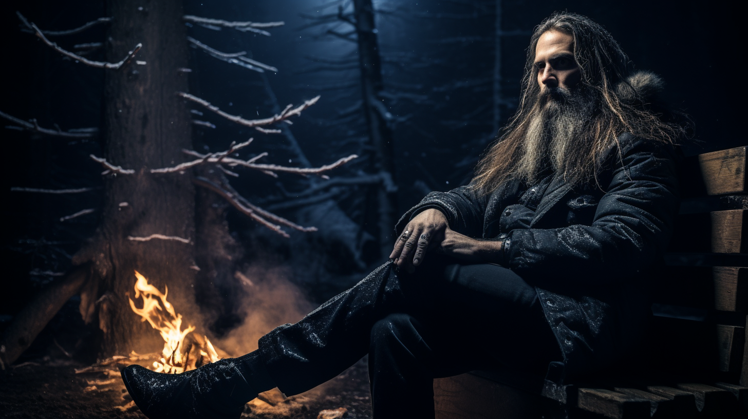 Gaahl sitting on a bench, smoking and observing the universe