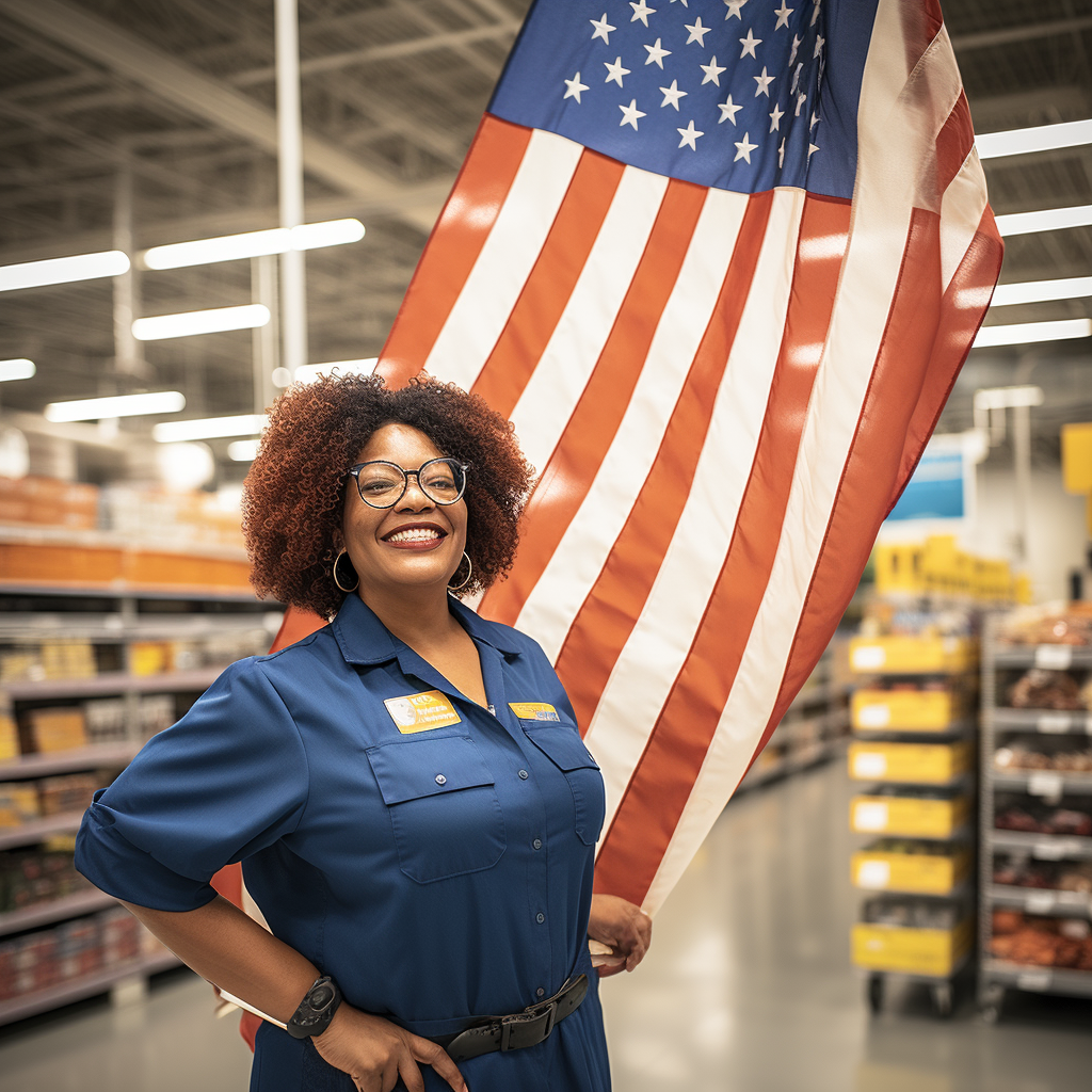 Gail Lewis proudly lifting a Walmart flag