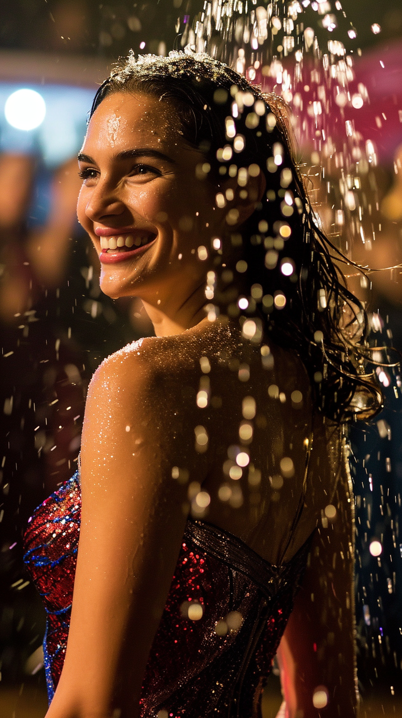 Gal Gadot in champagne-soaked evening gown