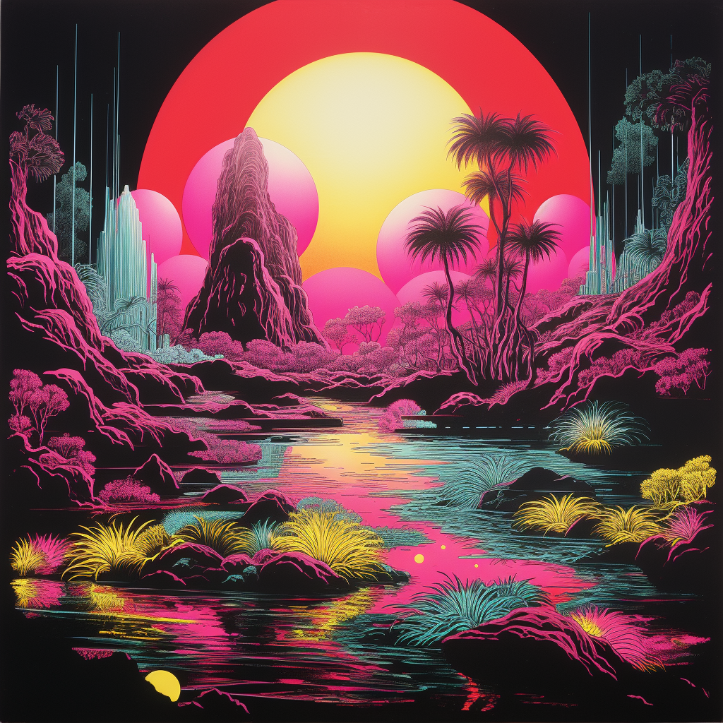 Beautiful galactic neon tropical jungle with disco balls