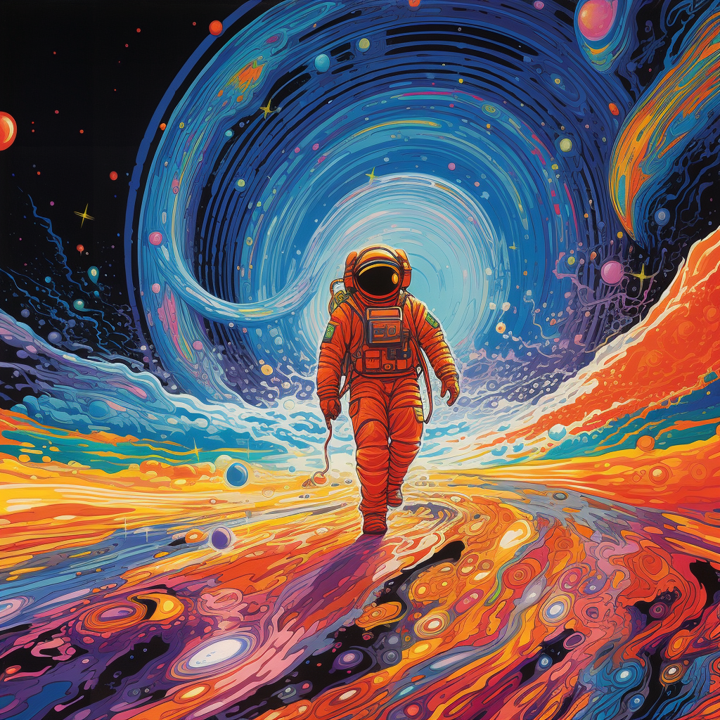 Roaming cosmonaut in psychedelic space journey