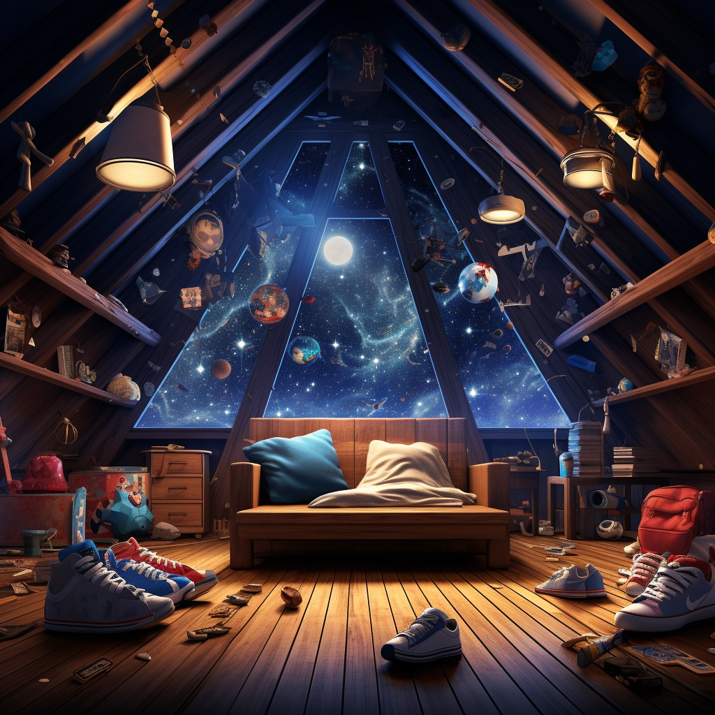 Sneakers inside attic in galaxy space