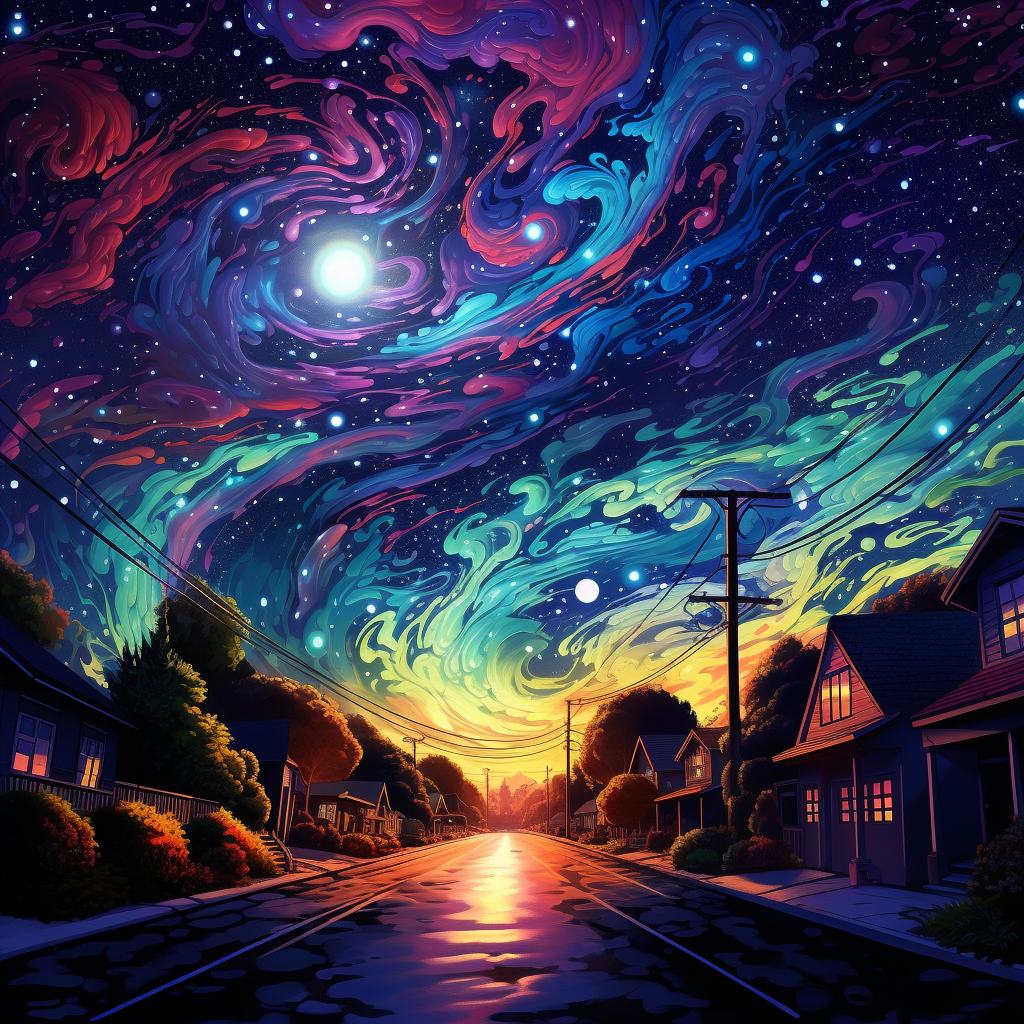 Psychedelic view of galaxy from suburban street