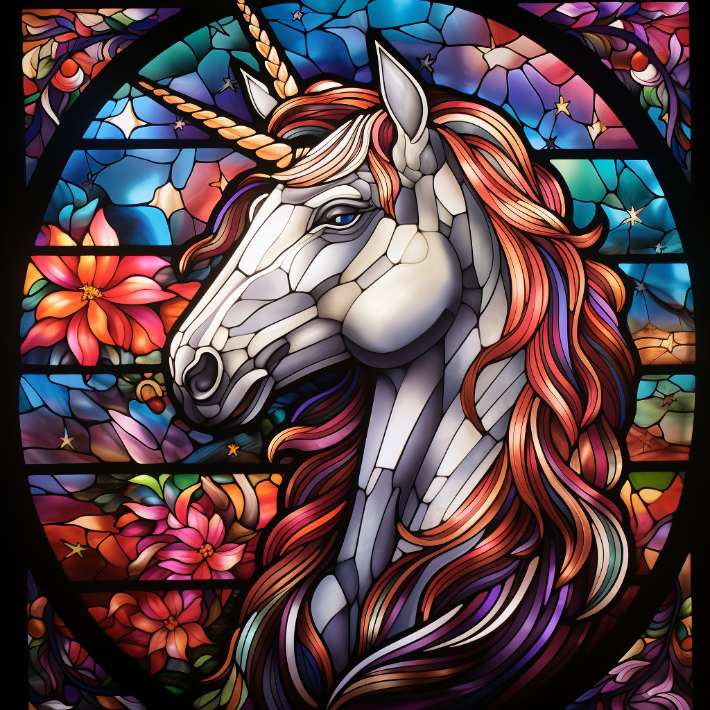 Colorful unicorn in galaxy stained glass