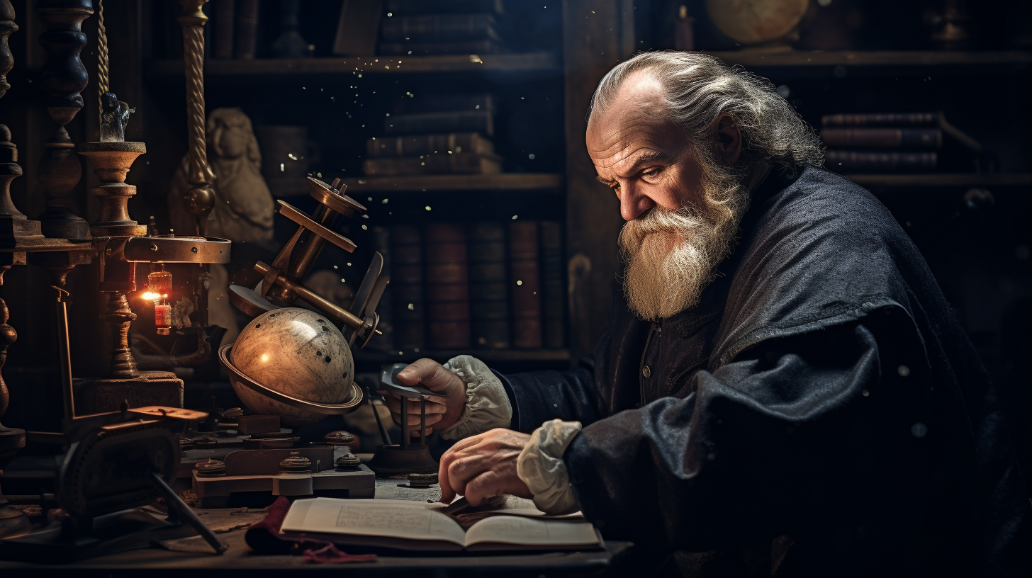 Galileo observing stars with sextant and telescope