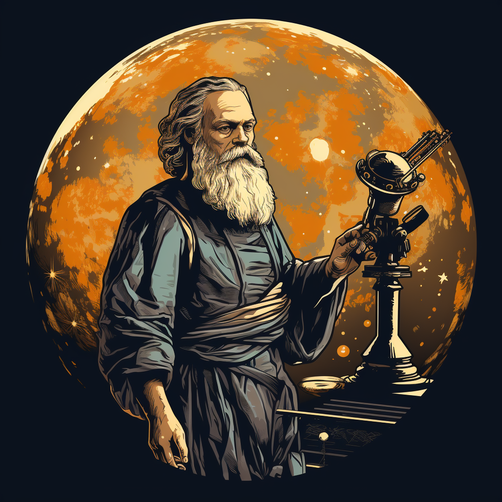 Galileo Galilei observing Jupiter's moons through his telescope