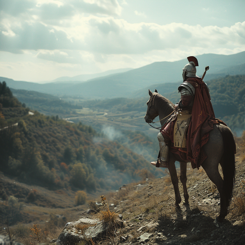 Roman Fighter on Horse overlooking Valley