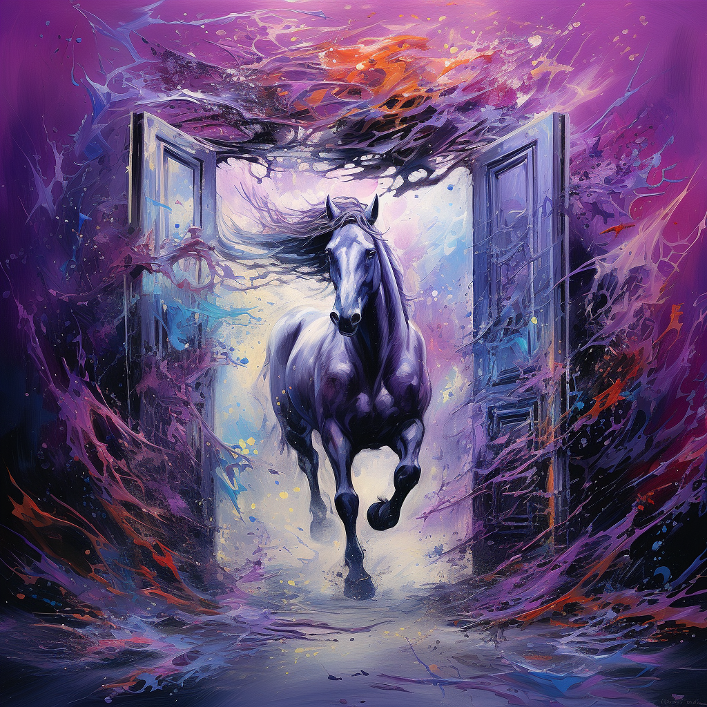 Horse galloping through a violet door