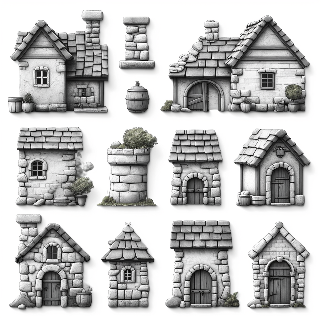 Game building line icons roof, wall, door, window assets