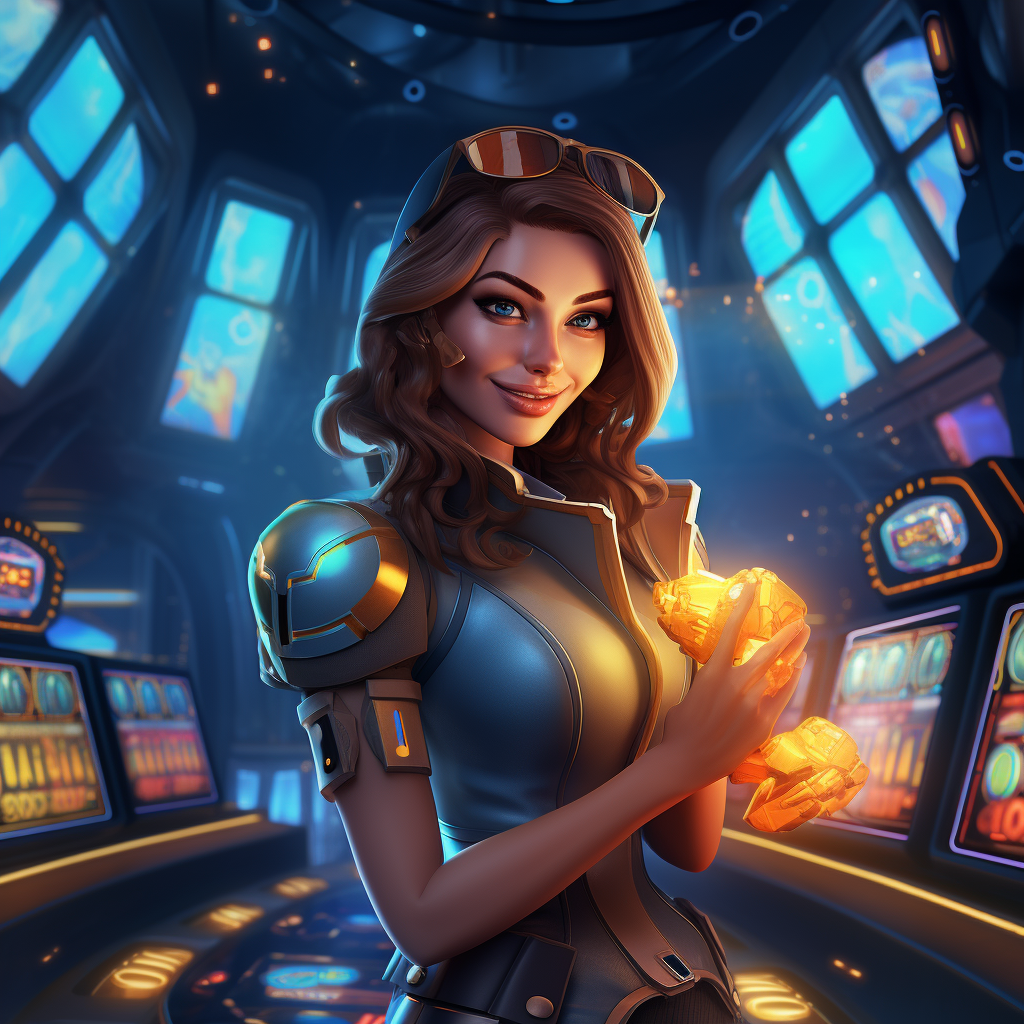 A 3D game character holding a gif on a slot casino background.