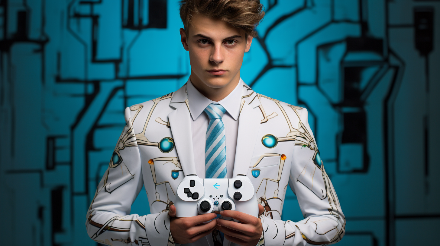 Tyler Blevins in game controller suit superhero city