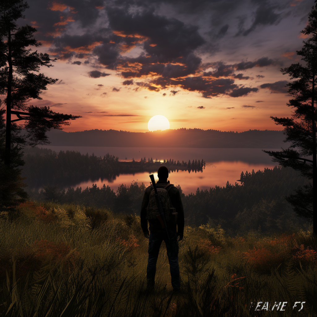 Beautiful sunset near lake in Dayz game