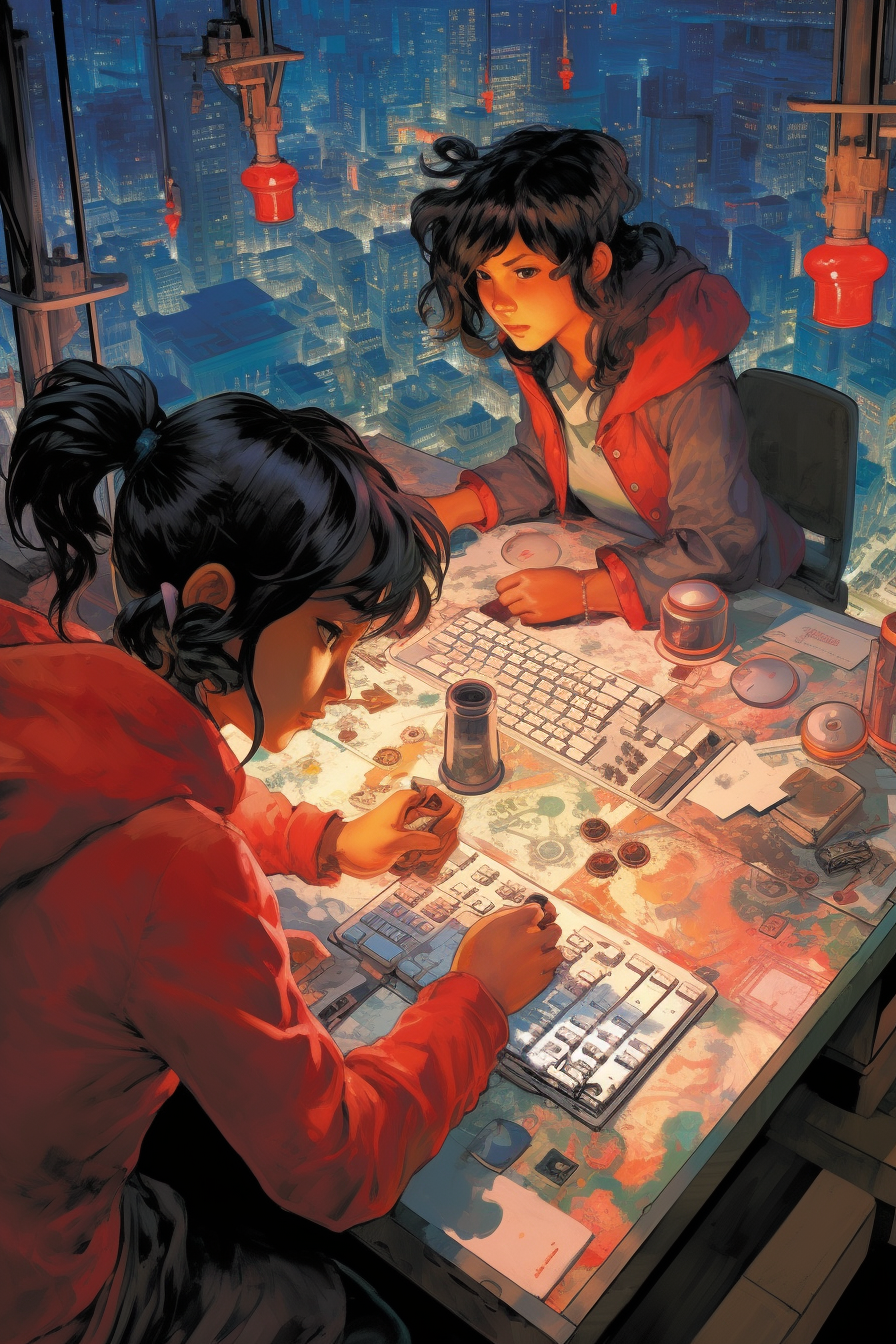 Illustration of girls in a futuristic game room