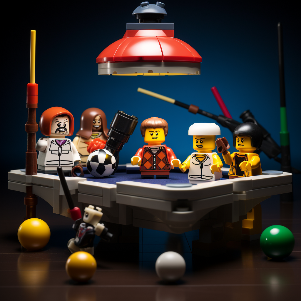 Game characters playing billiards on black background