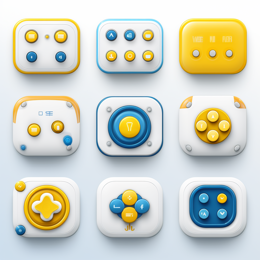 Game UI buttons in white, blue, and yellow