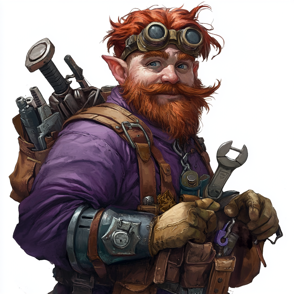 gamer gnome with red crest, purple tunic, tools bag