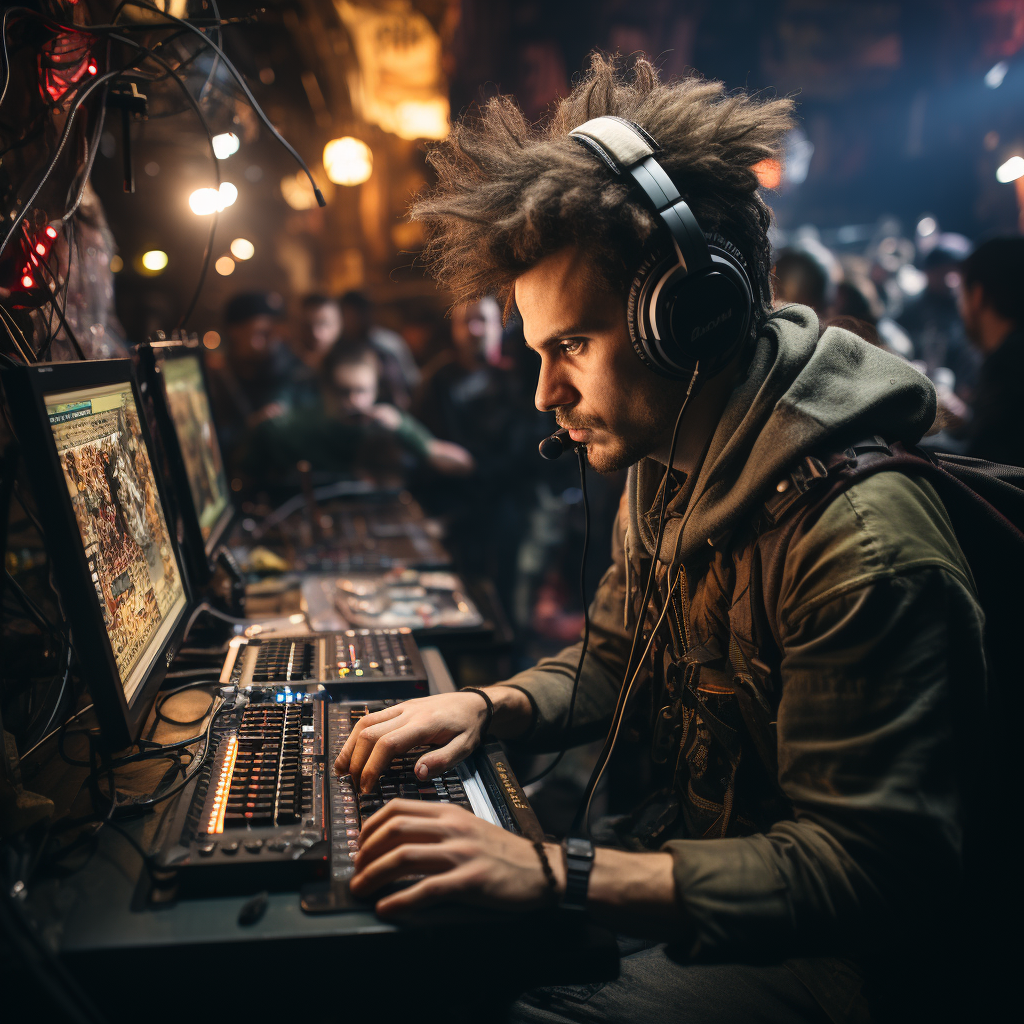 Gamer playing video games at punk band concert