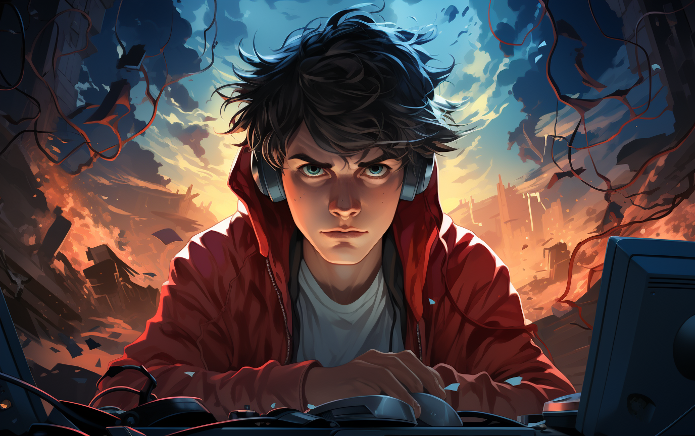 Gamer Teenager with Bad Face and Red Eyes